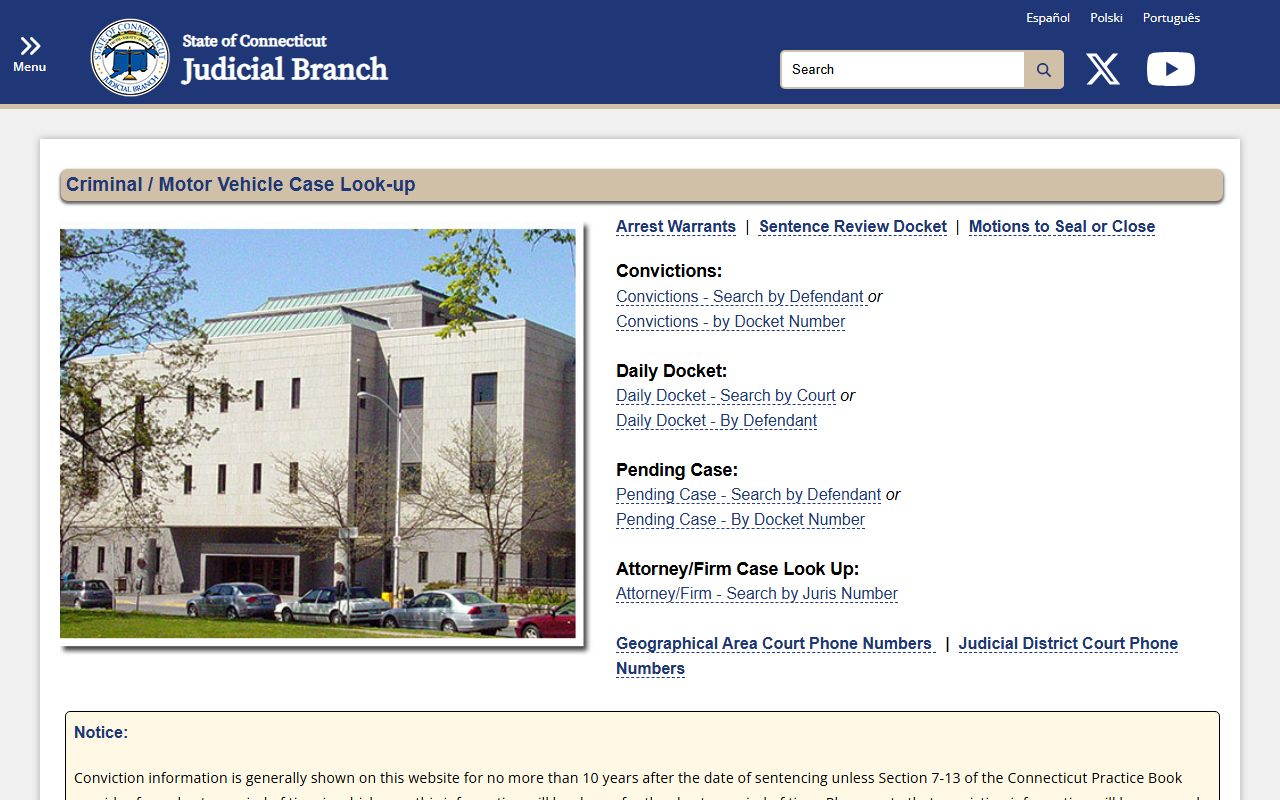 Meriden court records lookup hub for criminal and motor vehicle cases at the Connecticut Judicial Branch