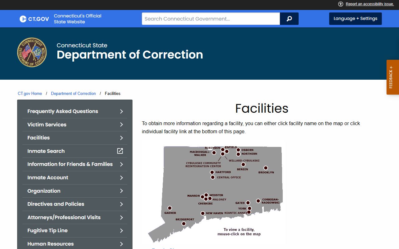 Statewide CT DOC facilities list that holds the Meriden inmate population after sentencing