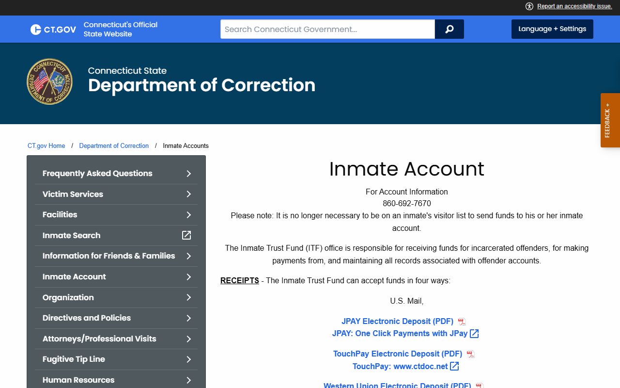 CT DOC inmate trust fund page showing deposit methods and remitter requirements for New Haven Correctional Center