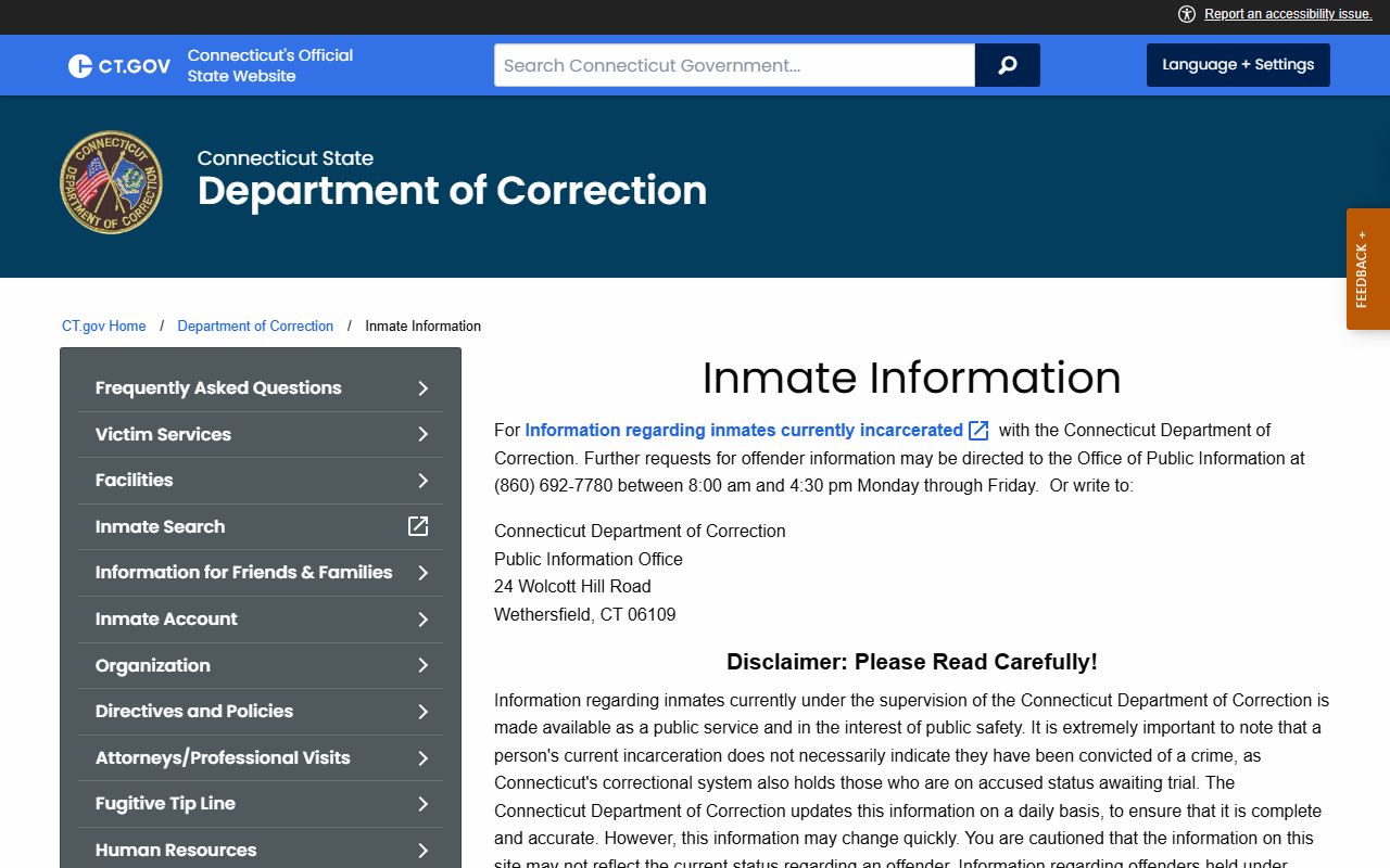 Meriden inmate records search through the Connecticut DOC inmate information page