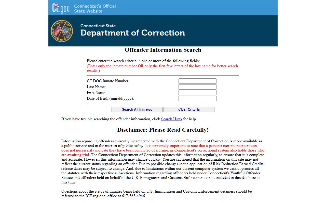 Official CT DOC inmate search used to look up the Meriden inmate population