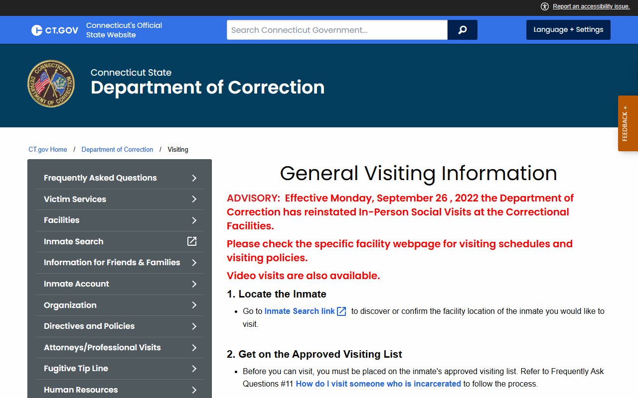 CT DOC general visiting page with approved list, photo ID, and video visit rules for New Haven Correctional Center