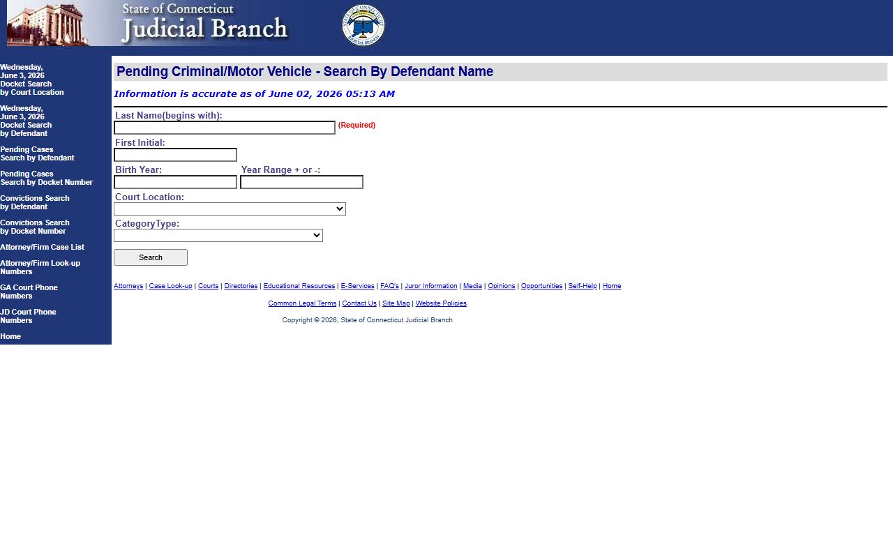 Meriden pending criminal and motor vehicle court records search form by defendant