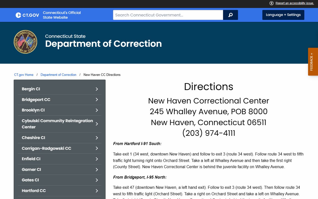 Official New Haven Correctional Center directions page with highway approach and entrance detail