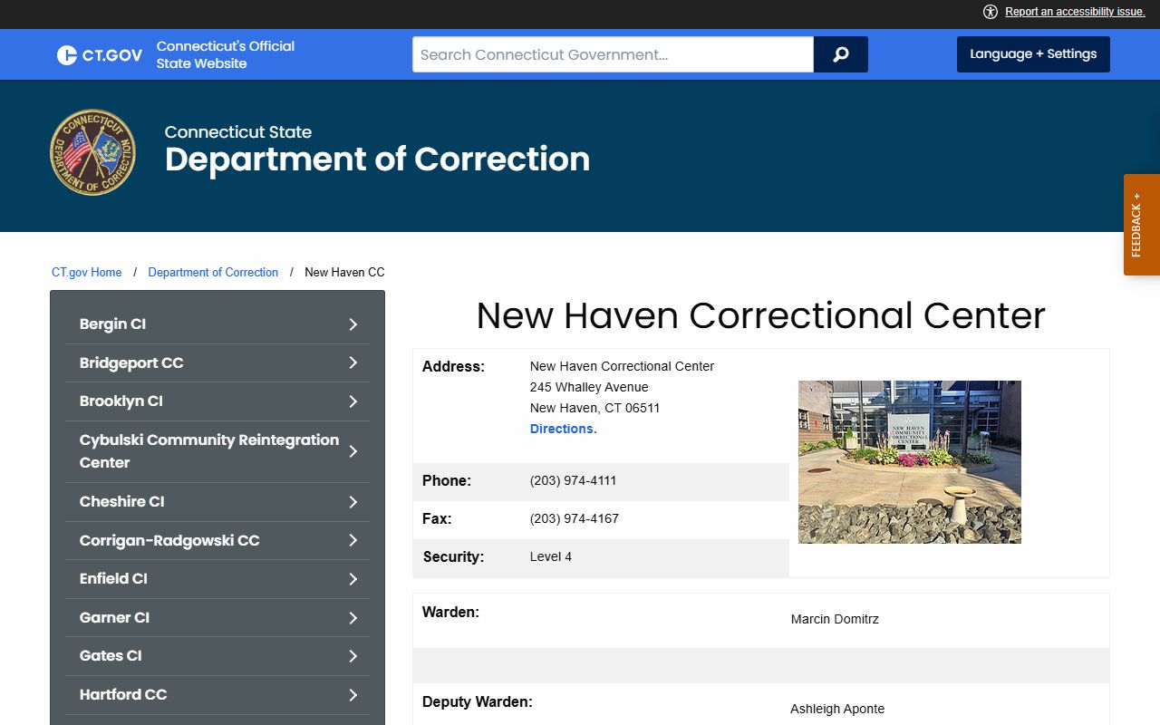 New Haven Correctional Center facility page showing address, security level, and Meriden court service