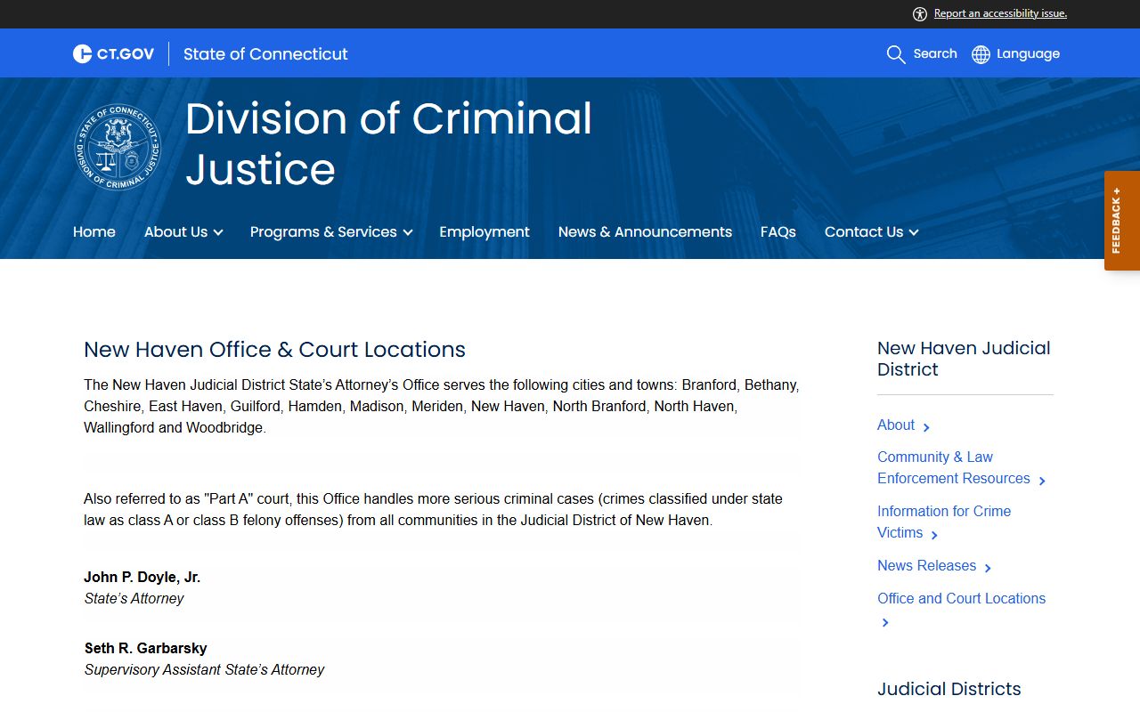 Meriden GA 7 prosecutor office on the Connecticut Division of Criminal Justice court records page