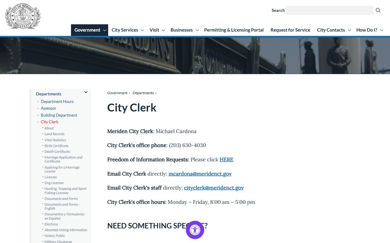 Meriden records request channel: City Clerk OpenGov FOI page with copy fees