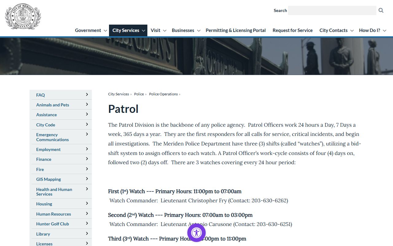 Meriden Police patrol page showing the three-watch arrest response structure