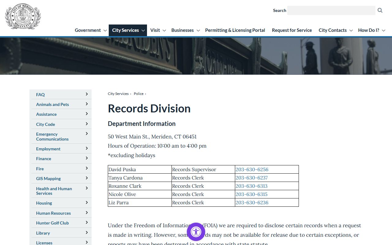 Meriden inmate records request through the Meriden Police Records Division page