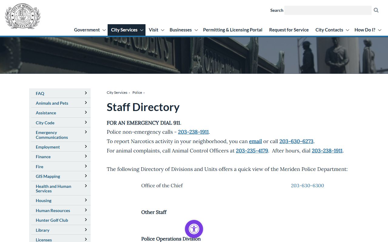 Meriden Police staff directory showing records and arrest-related contacts